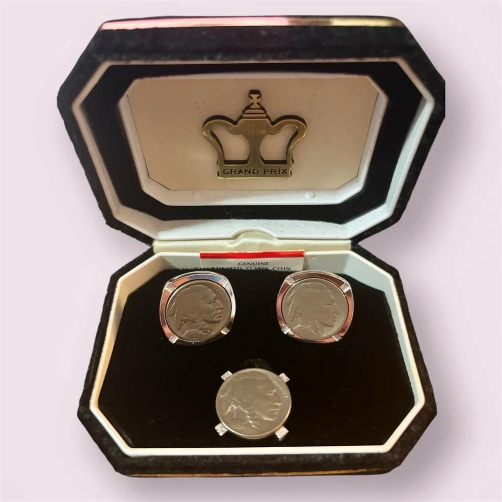 Grand Prix - Buffalo Nickel Silver Cuff Links & Tie pin - Vintage - Picture 1 of 4